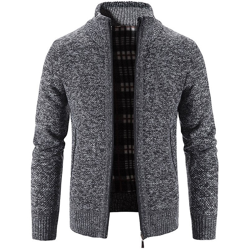 Plaid-Lined Stand-Collar Zip Cardigan
