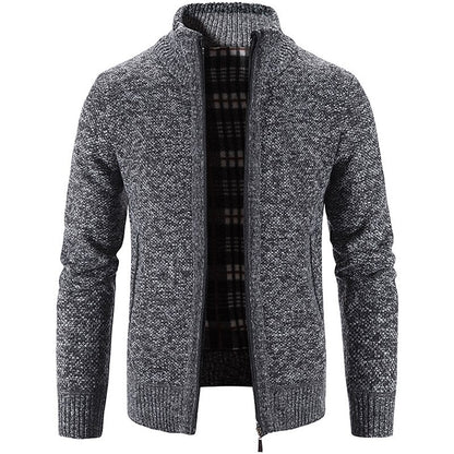 Plaid-Lined Stand-Collar Zip Cardigan