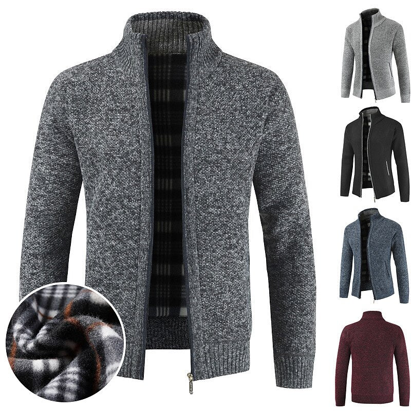Plaid-Lined Stand-Collar Zip Cardigan