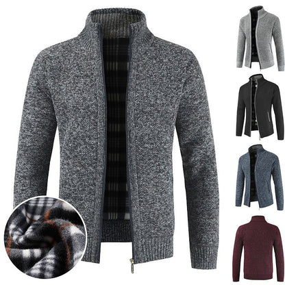 Plaid-Lined Stand-Collar Zip Cardigan