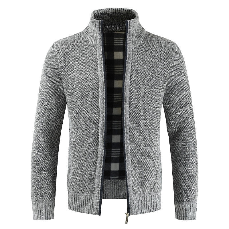 Plaid-Lined Stand-Collar Zip Cardigan