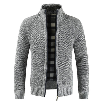 Plaid-Lined Stand-Collar Zip Cardigan