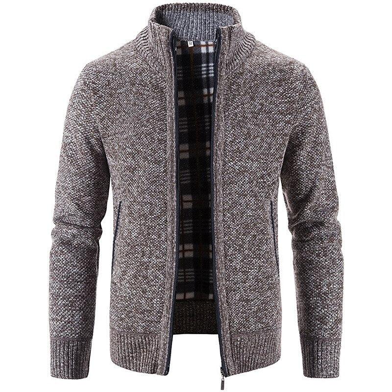 Plaid-Lined Stand-Collar Zip Cardigan