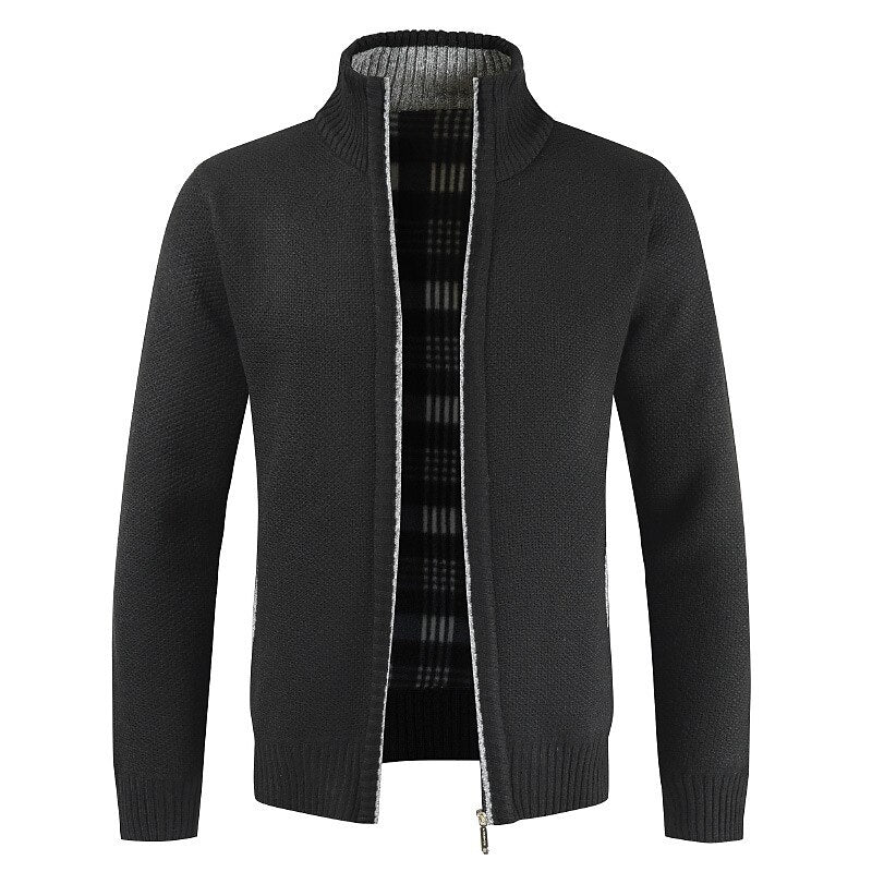 Plaid-Lined Stand-Collar Zip Cardigan
