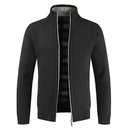 Plaid-Lined Stand-Collar Zip Cardigan