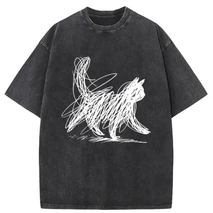 Japanese Style Scribble Cat Washed T-Shirt