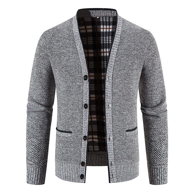Plaid-Lined Welt Pocket Cardigan