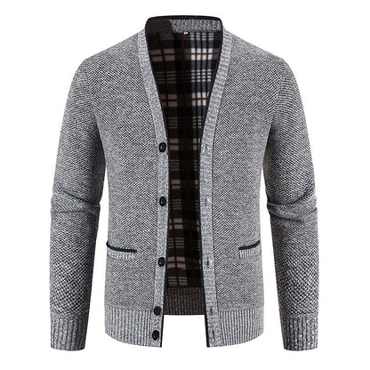 Plaid-Lined Welt Pocket Cardigan