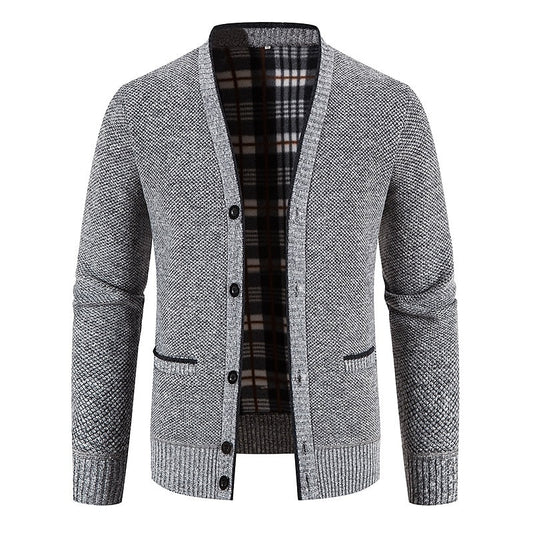 Plaid-Lined Welt Pocket Cardigan