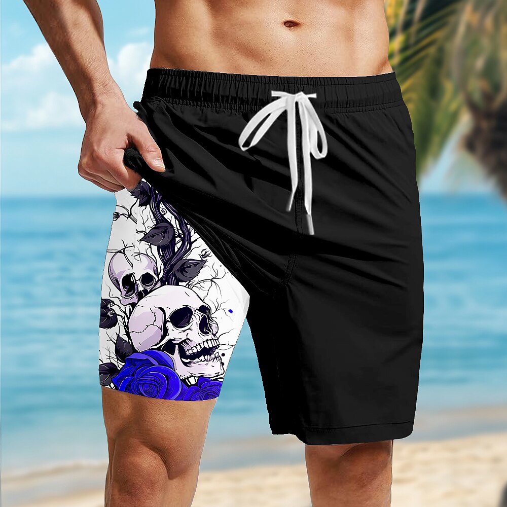 Men's Skull Rose Print Mid-Length Gothic Lined Board Shorts