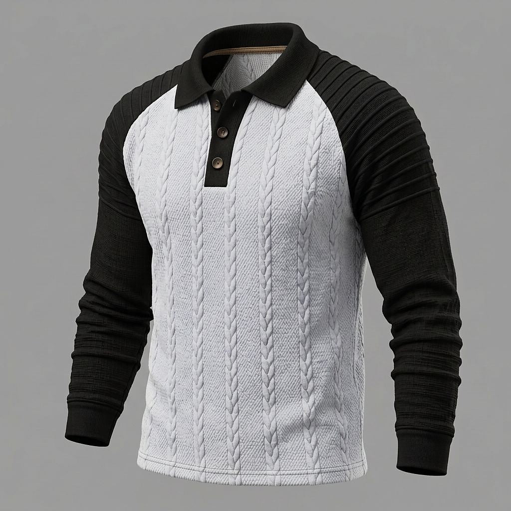 Cable Panel Color Block Long Sleeve Polo