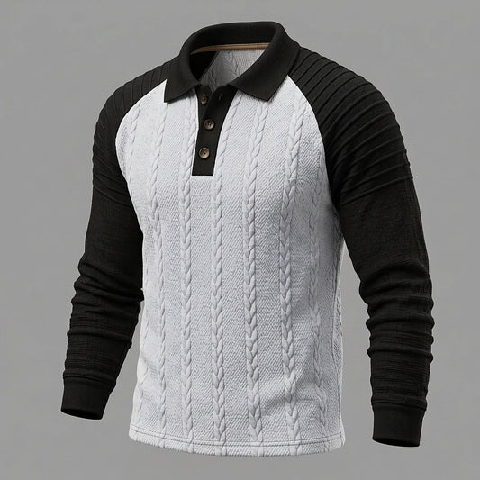 Cable Panel Color Block Long Sleeve Polo