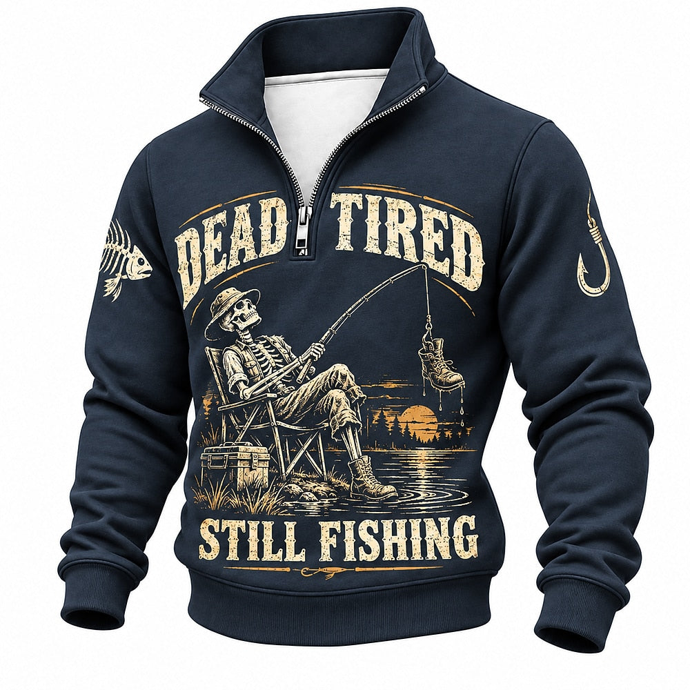 Dead Tired Still Fishing Skeleton Half-Zip Sweatshirt