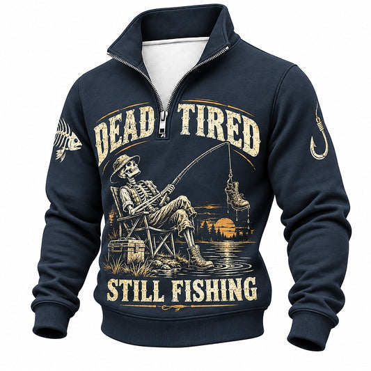 Dead Tired Still Fishing Skeleton Half-Zip Sweatshirt