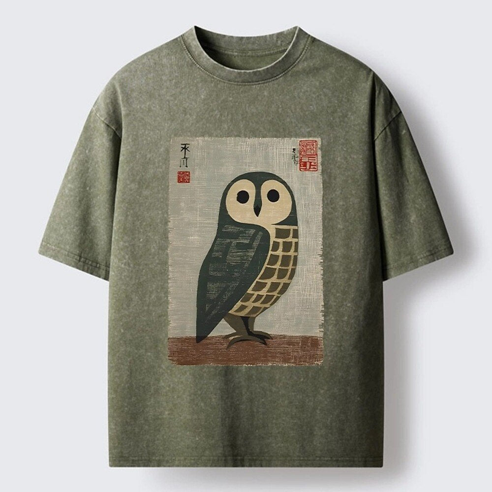 Japanese Style Owl Graphic Washed T-Shirt
