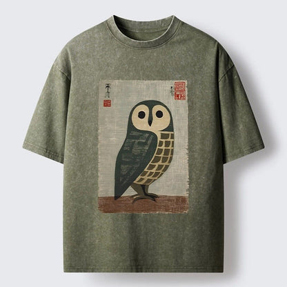 Japanese Style Owl Graphic Washed T-Shirt