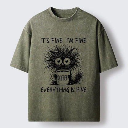 Japanese Style Frazzled Cat Coffee Washed T-Shirt