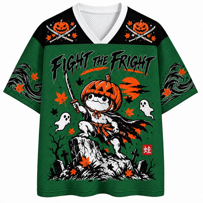 Fight the Fright Pumpkin Samurai Frog V-Neck Mesh Jersey