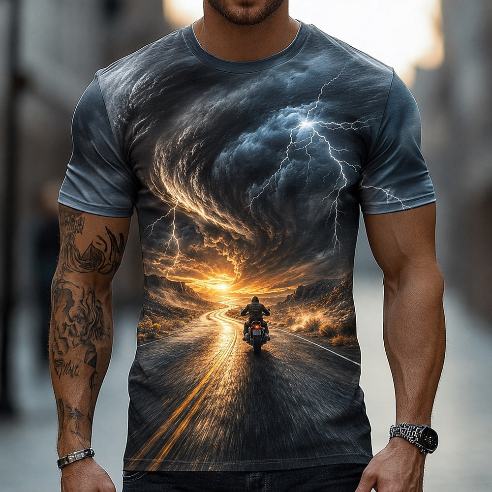 Men's Flaming Ocean Tunnel Print Short Sleeve Dark T-Shirt