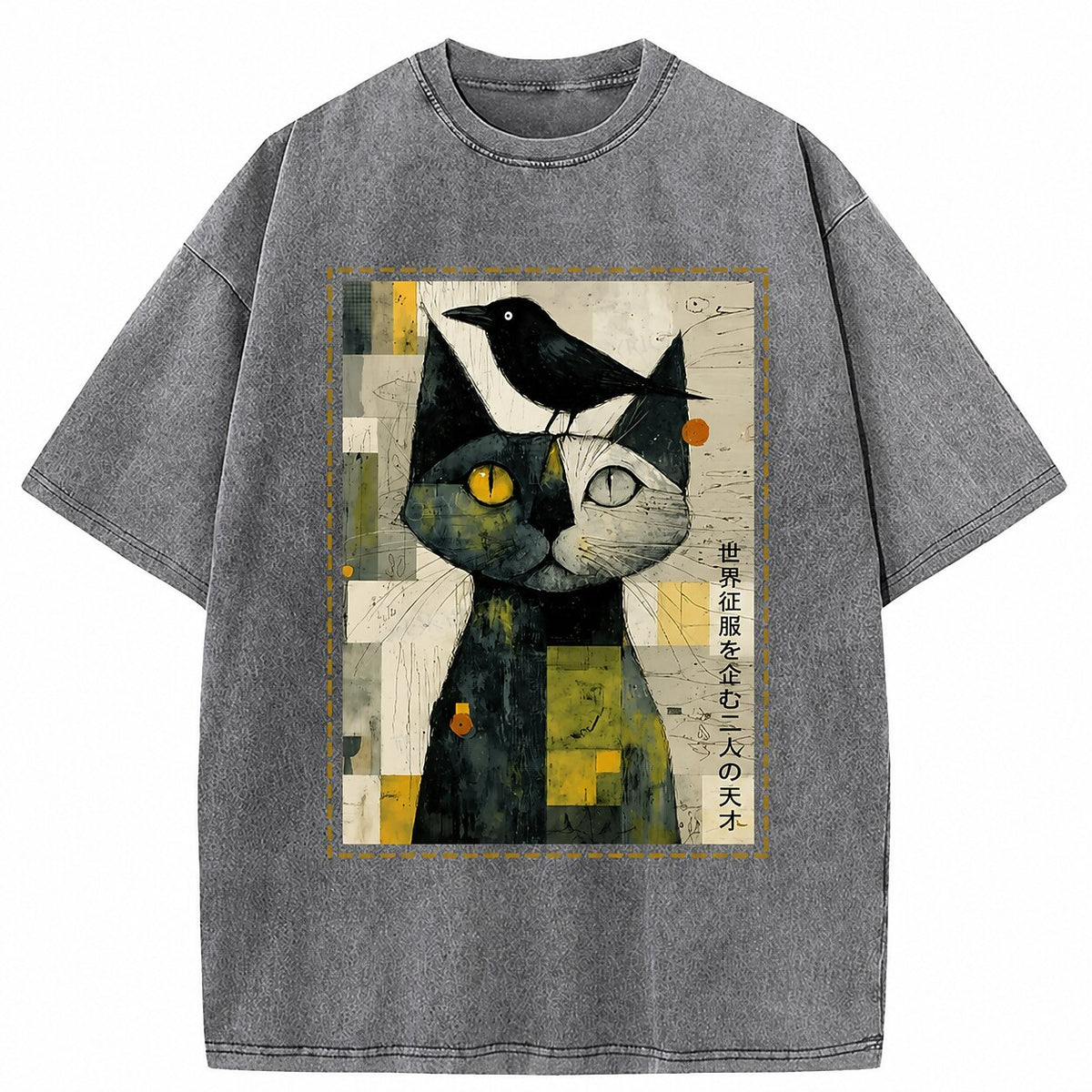 Japanese Style Cat Crow Washed T-Shirt