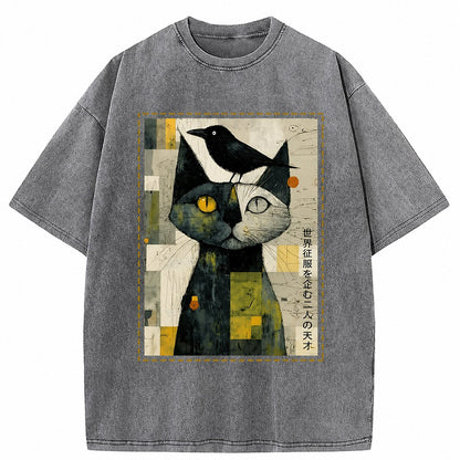 Japanese Style Cat Crow Washed T-Shirt