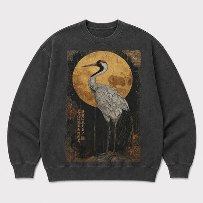 Men's Japanese Crane Graphic Washed Crew Neck Sweatshirt