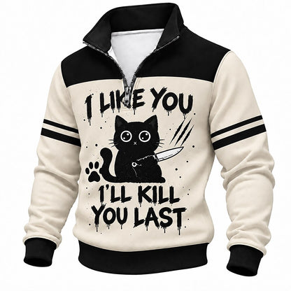 Men's Cat Text Number Graphic Half-Zip Sweatshirt Black & White