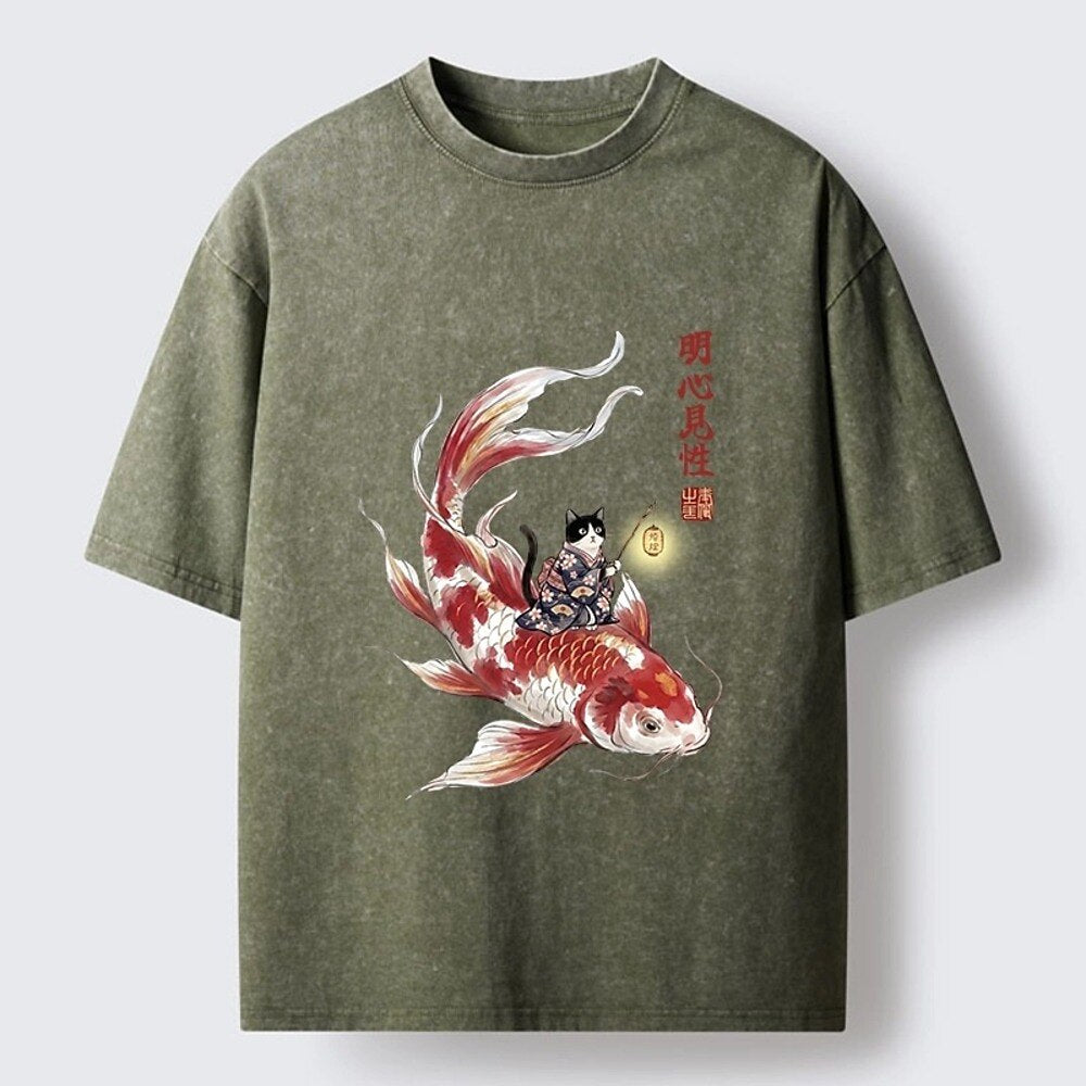 Japanese Style Cat Koi Lantern Washed T-Shirt