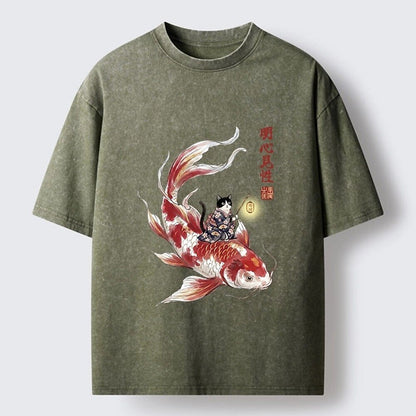 Japanese Style Cat Koi Lantern Washed T-Shirt