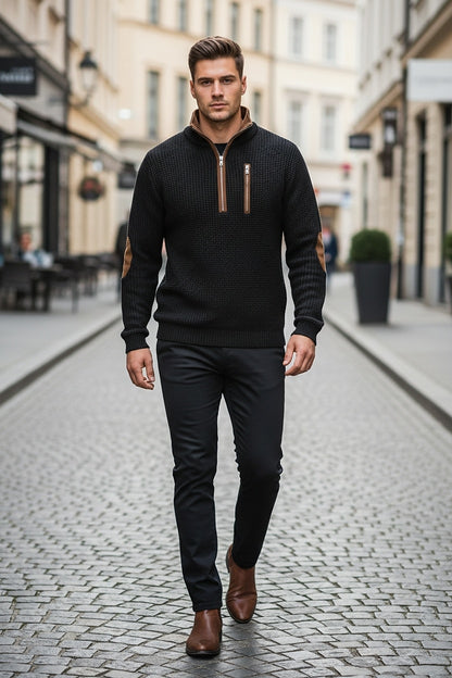 Contrast Elbow Waffle Quarter-Zip Top