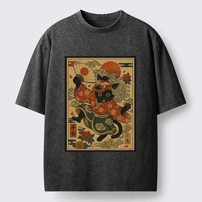 Men's Ukiyo-e Cat Graphic Washed Cotton T-Shirt