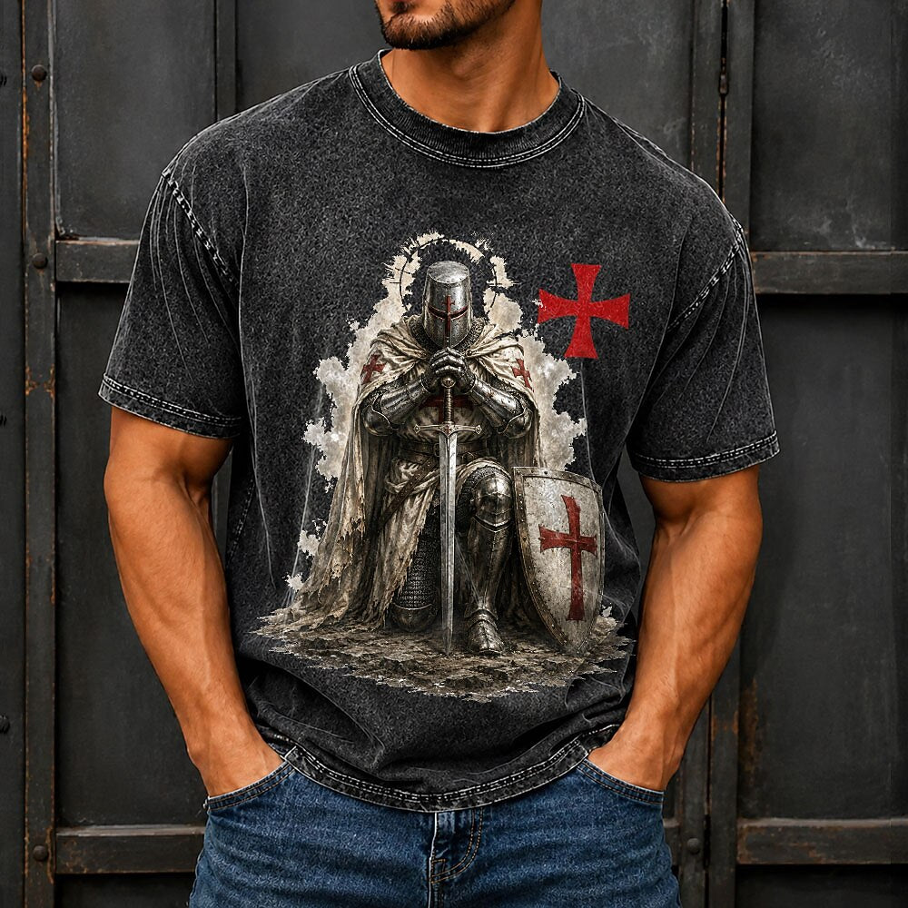 Men's Knights Templar Crusader Print Short Sleeve Vintage T-Shirt