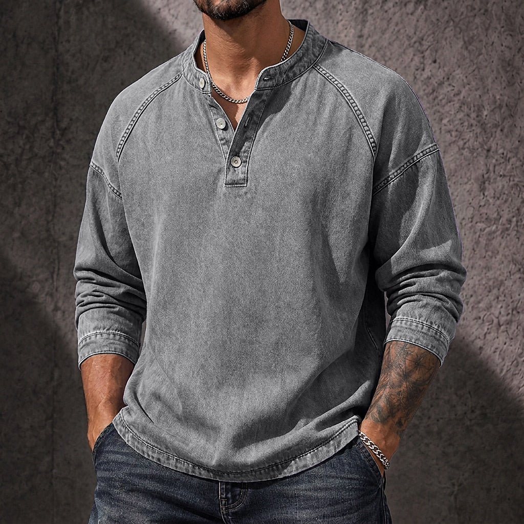 Vintage Washed Button-Neck Henley Long Sleeve T-Shirt