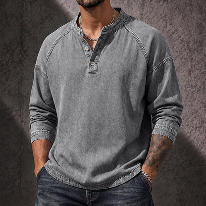 Vintage Washed Button-Neck Henley Long Sleeve T-Shirt
