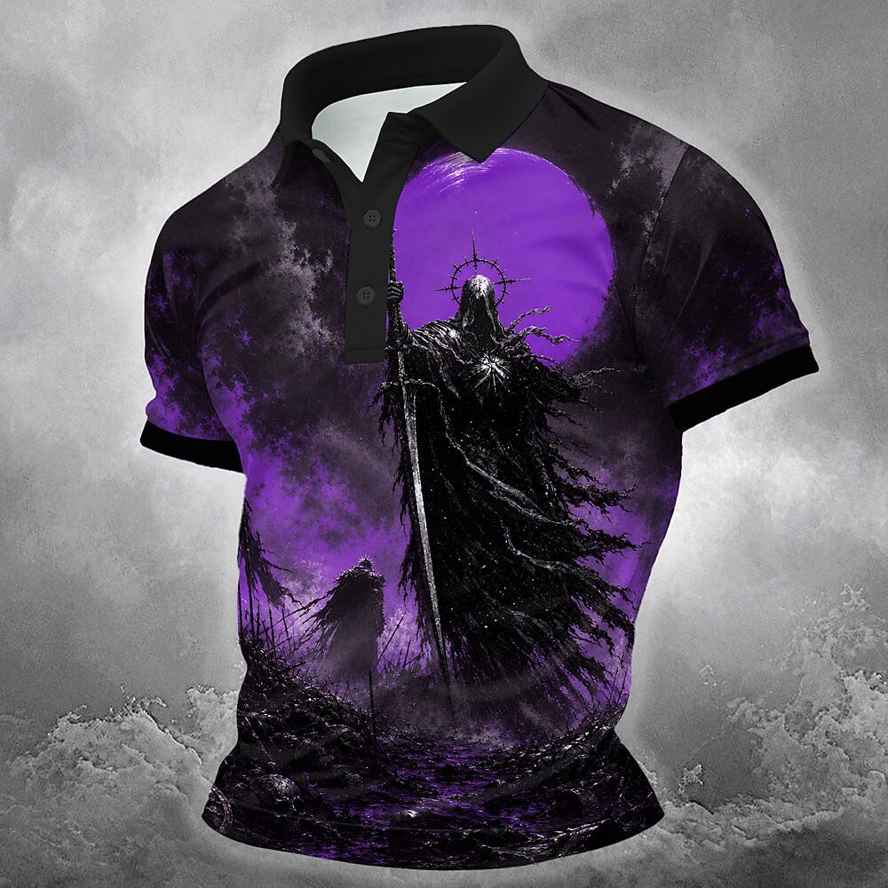 Men's Red Moon Knight Print Short Sleeve Gothic Polo Shirt