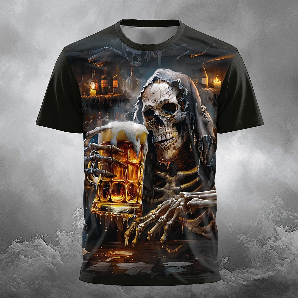 Men's Skeleton Beer Mug Print Short Sleeve Gothic T-Shirt