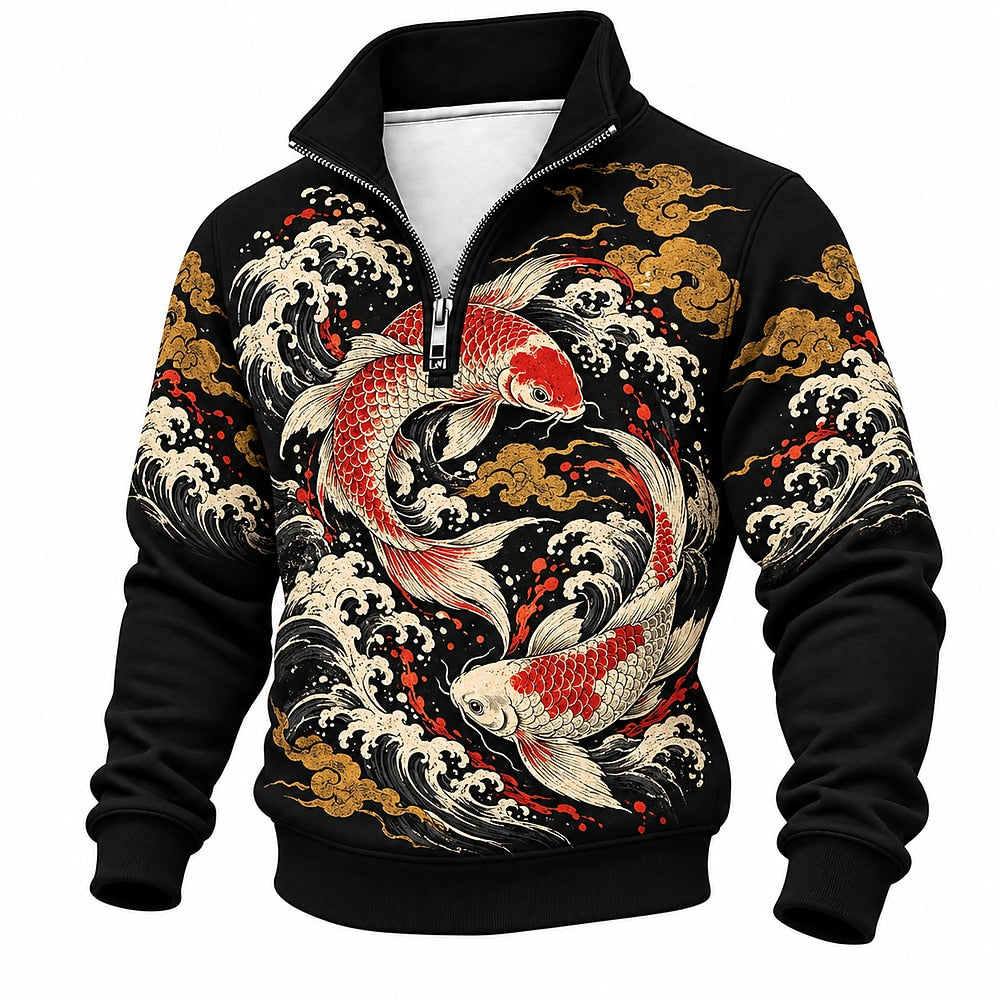 Crashing Waves Twin Koi Half-Zip Sweatshirt