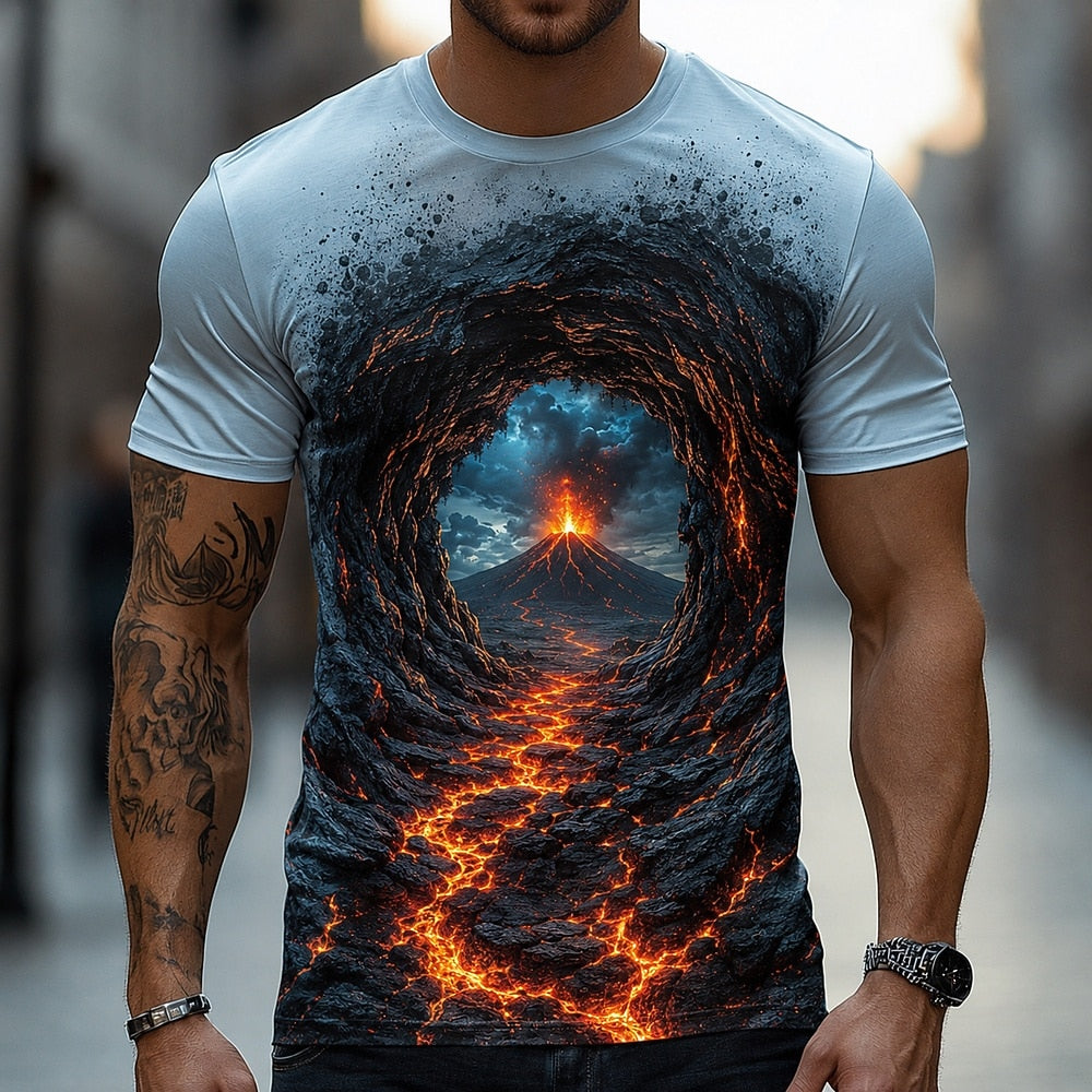 Men's Flaming Ocean Tunnel Print Short Sleeve Dark T-Shirt