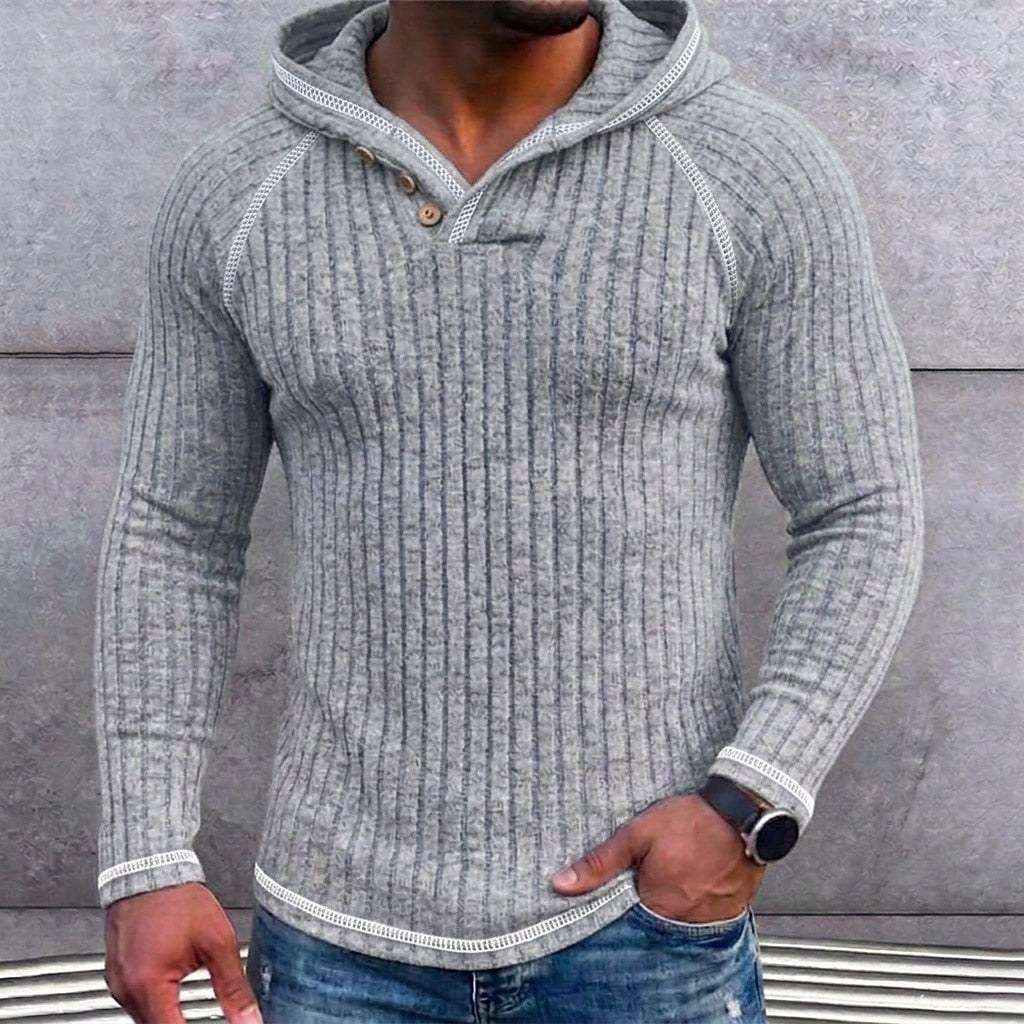 Ribbed Button-Neck Hoodie
