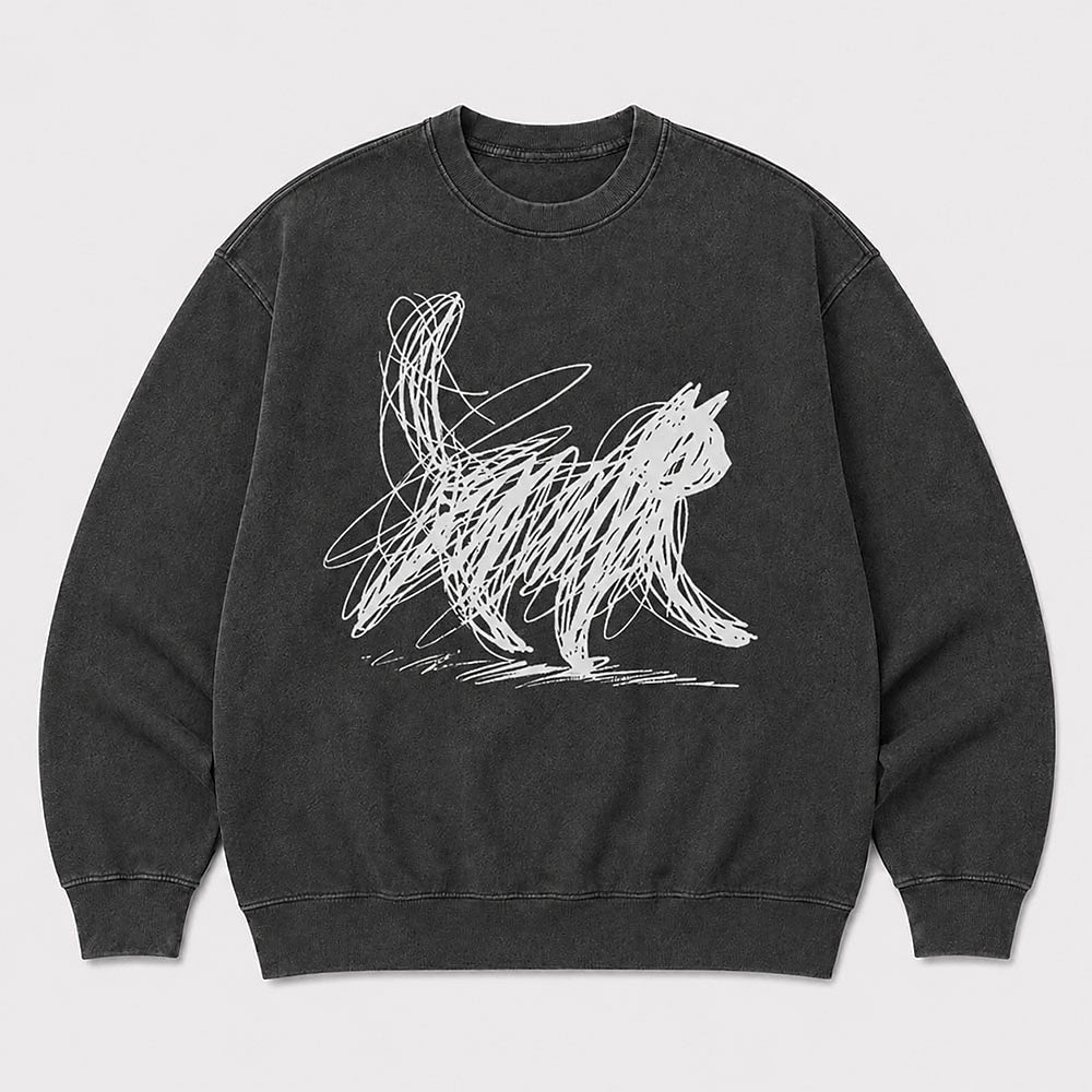 Men's Cat Graphic Washed Crew Neck Sweatshirt