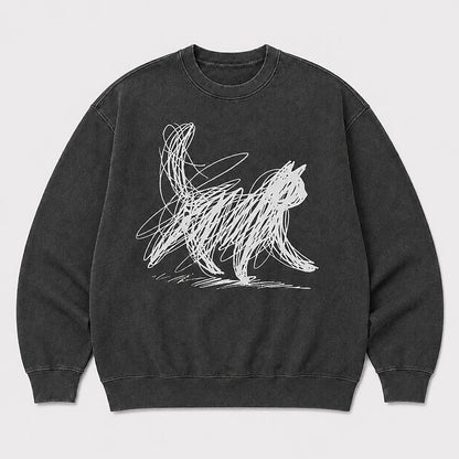 Men's Cat Graphic Washed Crew Neck Sweatshirt