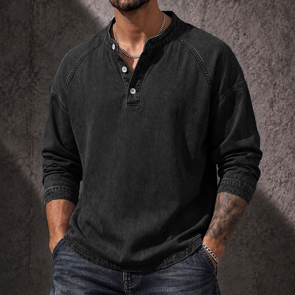 Vintage Washed Button-Neck Henley Long Sleeve T-Shirt
