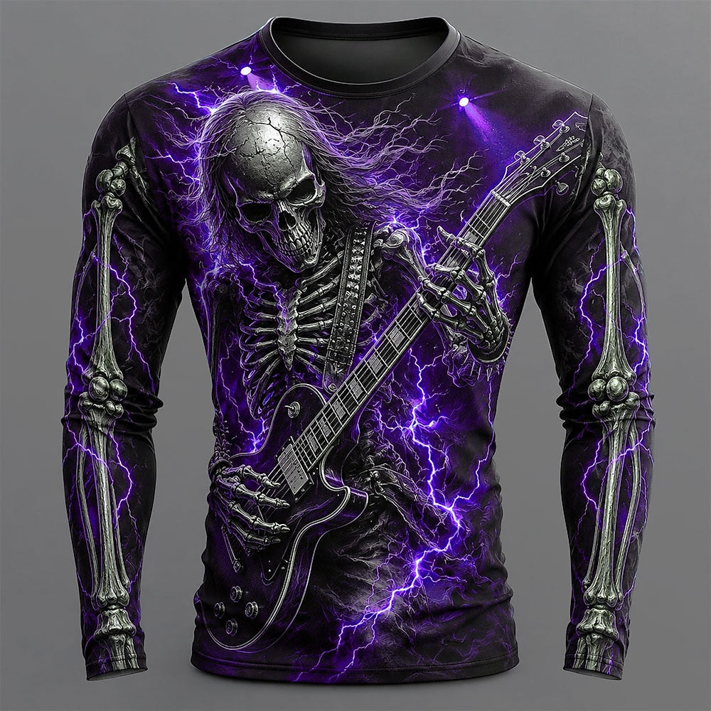 Halloween Men's Electric Skeleton Guitar Graphic Long Sleeve T-Shirt