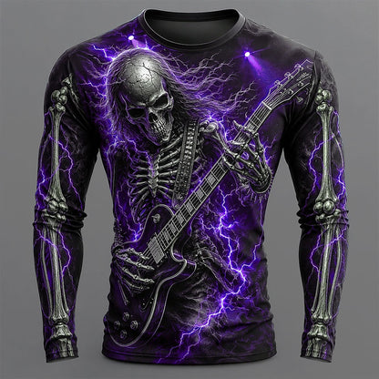Halloween Men's Electric Skeleton Guitar Graphic Long Sleeve T-Shirt
