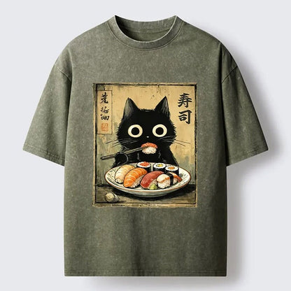 Men's Black Cat Ramen Graphic Washed Cotton T-Shirt