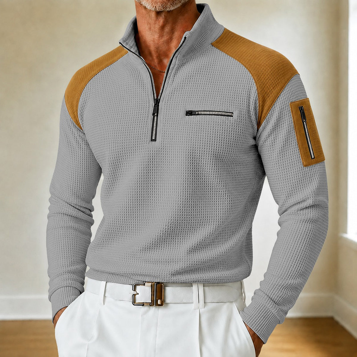 Zip Pocket Raglan Waffle Polo