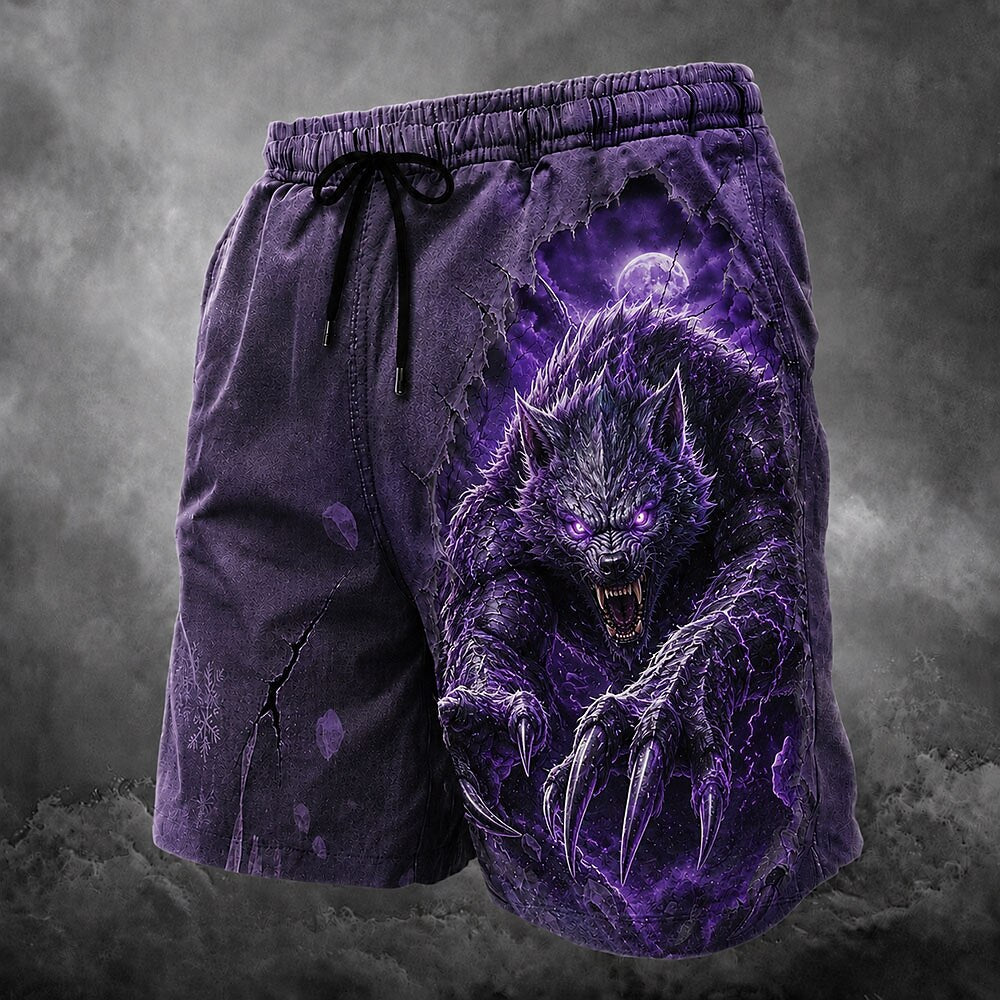 Men's Red Wolf Print Mid-Length Streetwear Swim Shorts