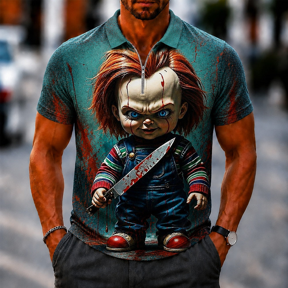 Men's Killer Doll Cartoon Print Short Sleeve Sporty Zip Polo