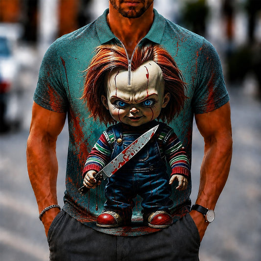 Men's Killer Doll Cartoon Print Short Sleeve Sporty Zip Polo