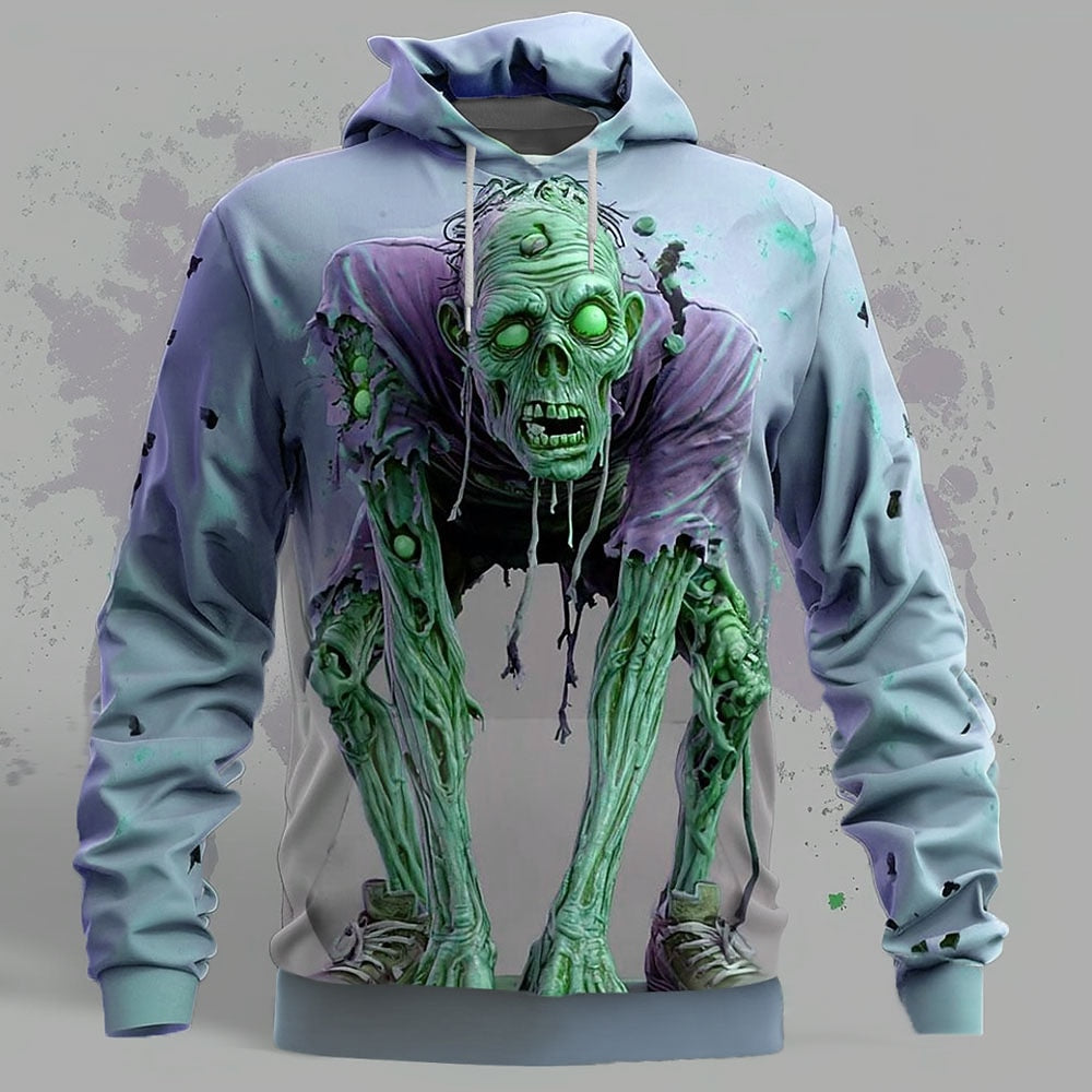 Men's Melting Zombie Print Long Sleeve Gothic Pullover Hoodie